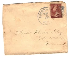 OLD POSTAL COVER NORTHWOOD IOWA 1885 TO JEFFERSONVILLE VERMOUNT.