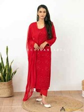 Red Viscose Chikankari Straight Kurta Set with Dupatta Lucknow Chikankari Set