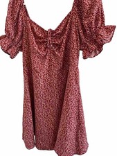 SHEIN Dress Women XL Red Floral Print Gathered Sweetheart Neck W/Tie Puff Sleeve