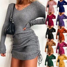 Women Sexy V-Neck Long Sleeve Mini Dress Drawstring Tight Bodycon Party Dress