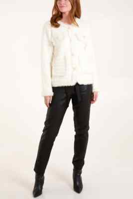 Boucle-Jacke Damen Perlen Knopf Karo Strick Fransenrand mit Taschen