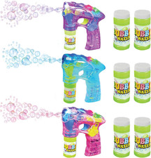 3 LED Light up Bubble Guns, with Sound, Includes 6 Bottles of Bubble Solution Re