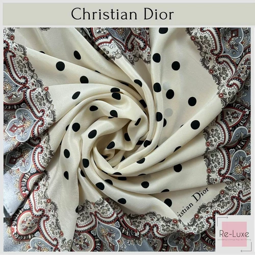 Authentique foulard Christian Dior 100% soie motif pois 77 x 76 cm gris blanc