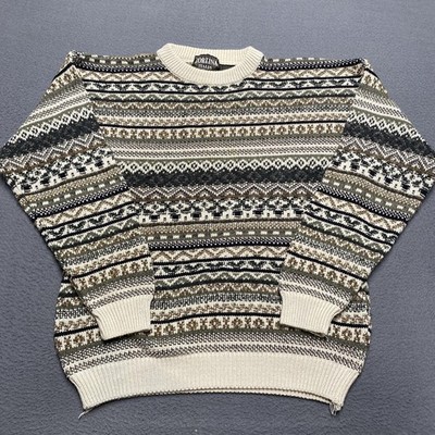 Cortina Italia Sweater Mens Large Cream Olive Gray Geometric Knit Pullover Italy