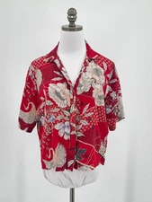 Johnny Was Red Floral Silk Boxy Short Sleeve Button Top Sz S