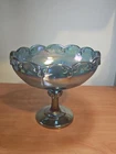 Vintage India Teardrop Iridescent Blue Carnival Glass Pedestal 10 Inch Bowl