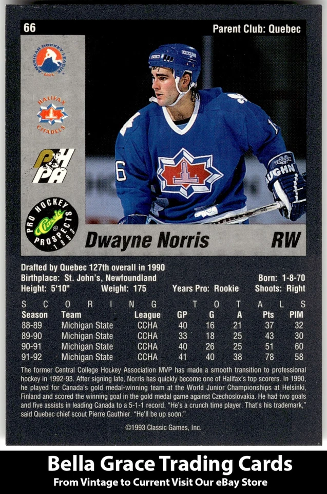 1993 Classic Pro Prospects Dwayne Norris #66 Halifax Citadels NHL Hockey - Image 2 of 2
