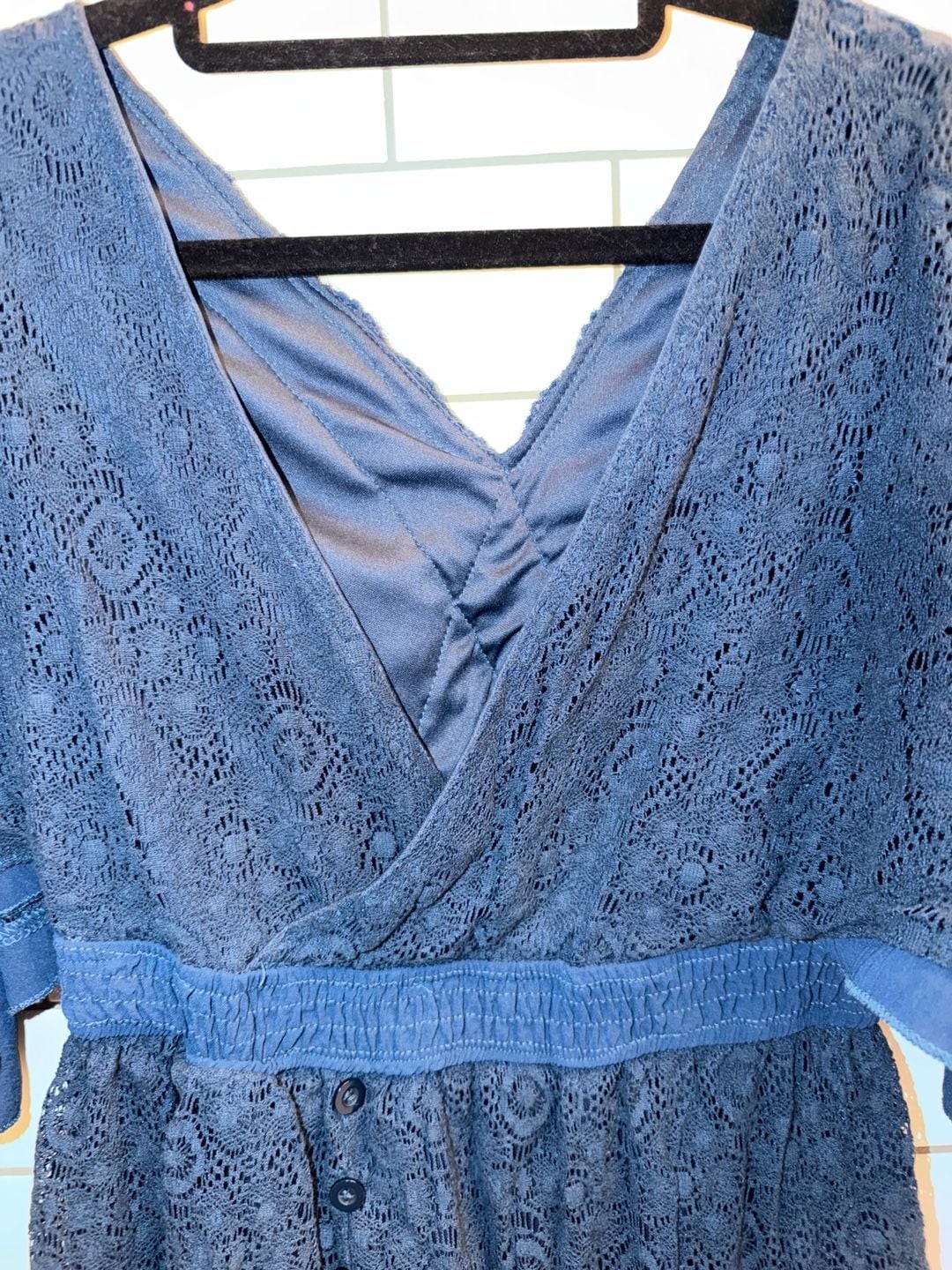 Blue Lace Crochet Batwing Sleeve Romper Dress with Button-Front Detail, photo 3