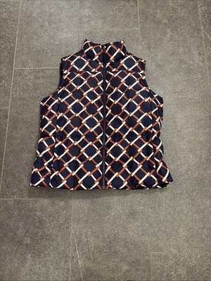 Lands' End Womens Puffer Down Vest Size L/P Navy Blue Rust/White Geometric EUC