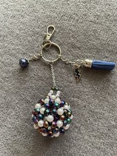 Handmade Beaded Ball Keychain W/Tassle Rainbow/Oil spill  White Bead