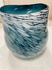 Handblown Art Glass Aqua Blue White Swirled Vase beautiful..