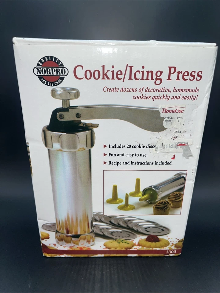 Prensa de galletas/hielo Norpro 3300 (3) puntas de glaseado (20) discos de galletas usados en excelente estado con caja Foto 2 de 3