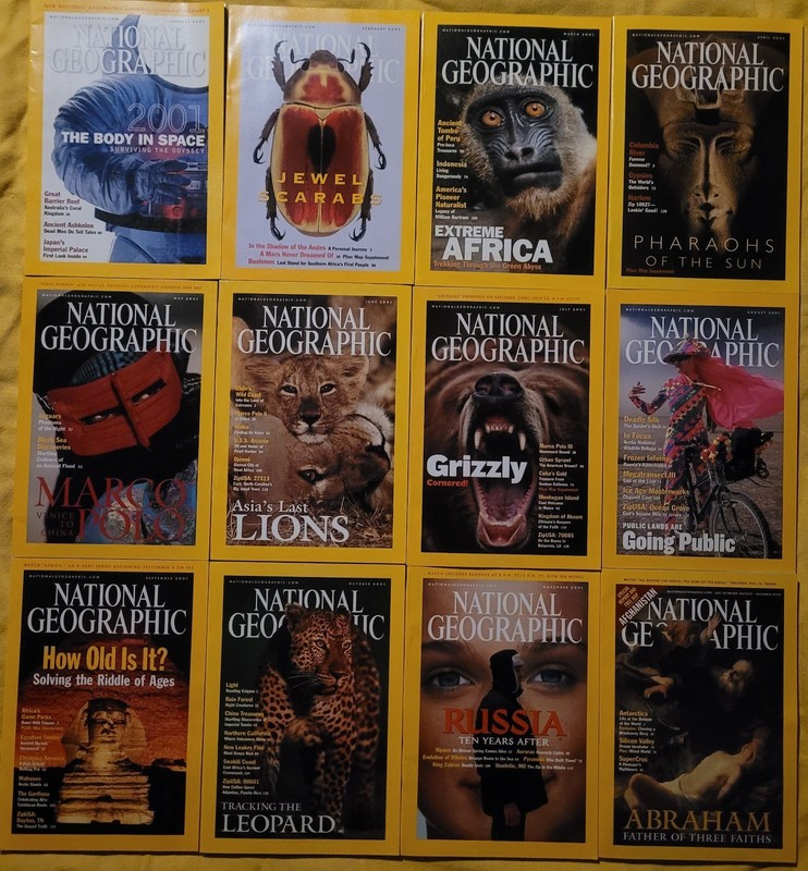 National Geographic Magazines 2001 entire year with maps and inserts