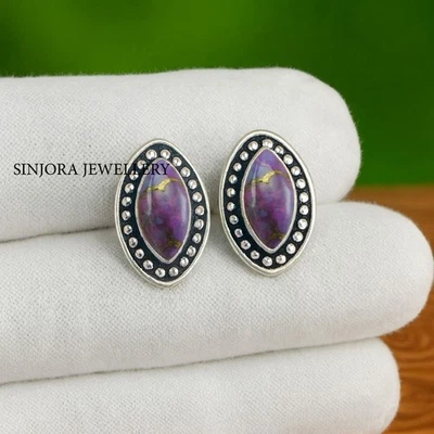 Purple Copper Turquoise Gemstone 925 sterling silver handmade Stud Earrings - Image 1 of 4