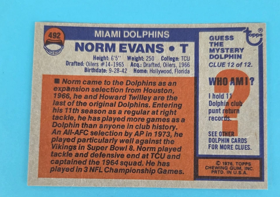 1976 Topps #492 Norm Evans Miami Dolphins FOOTBALL Card P4 - Image 2 of 2
