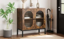 Buffet Sideboard Cabinet Hand-Woven Rattan with Curved Glass Door Ample Storage