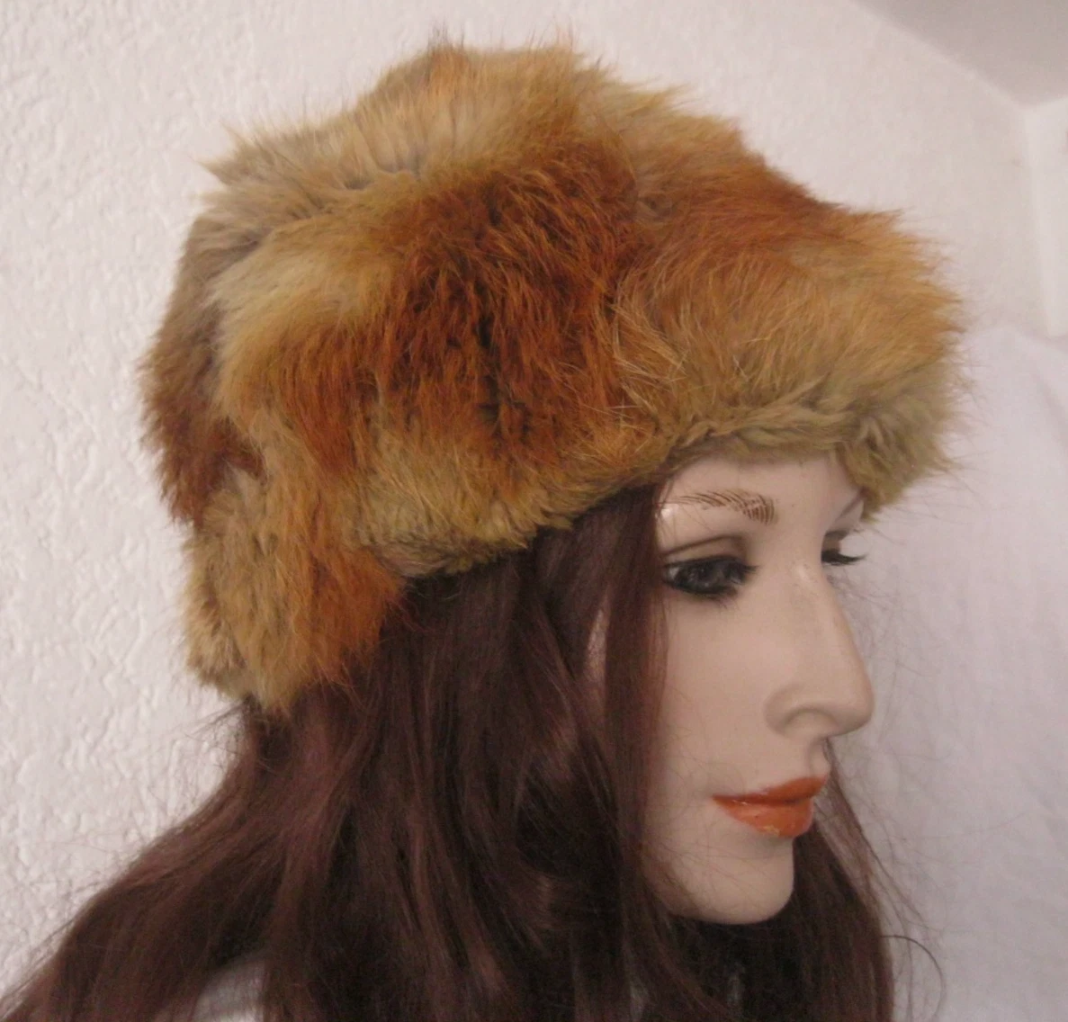 Alte Damen Kappe Mütze Pelzmütze Vintage rostbraun beige Pelzkappe Herren 54-55