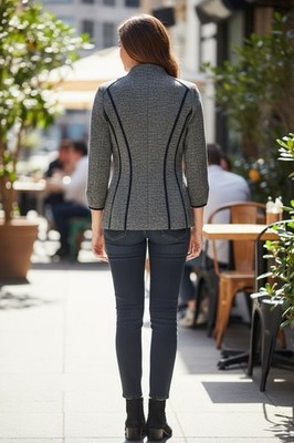 Jaeger Gray Wool Herringbone Blazer Jacket Contrast Trim Lined 3/4 US 10