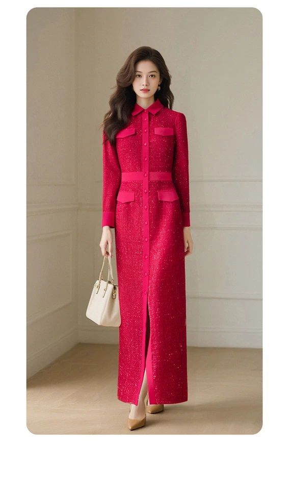 Otoño Invierno Nuevo Vestido Rojo Manga Larga Mujeres Temperamento Vestido Largo Calce Ajustado Foto 4 de 4