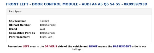FRONT LEFT - DOOR CONTROL MODULE - AUDI A4 A5 Q5 S4 S5 - 8K0959793D - Picture 4 of 5