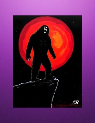 Bigfoot and Full Moon  | ACEO Art Card | Cryptid Folk Art | Sasquatch Oil