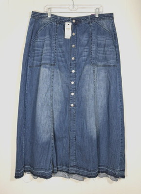 Lane Bryant Denim Maxi Skirt Plus Size 20 Raw Hem A-Line Stretch Snaps New