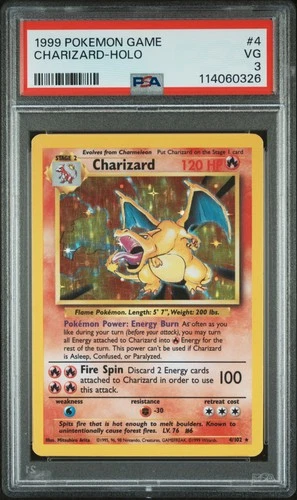 1999 POKEMON BASE SET UNLIMITED #4 CHARIZARD-HOLO PSA 3
