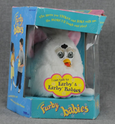 NIB 1999 Tiger Electronics Furby Babies: White, Gray Eyes, Pink Ears (# 70-940)