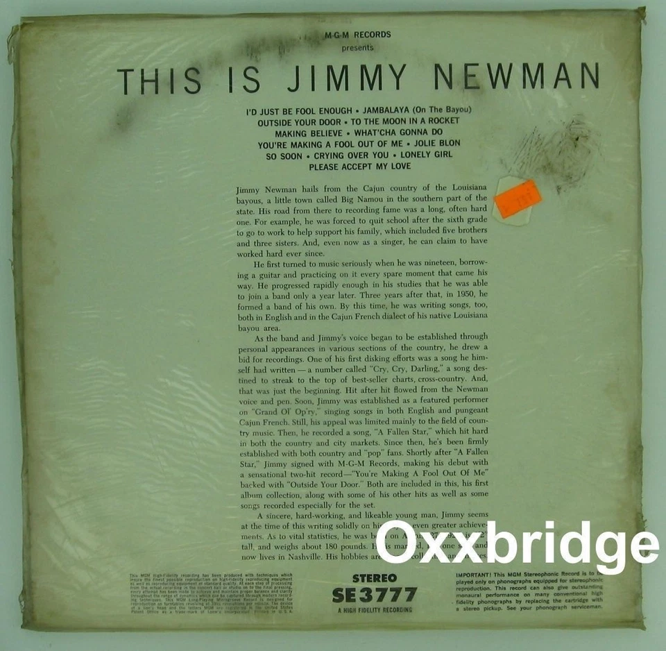 JIMMY NEWMAN This Is SEALED Original 1959 MGM Cajun Swamp Country VINYL LP - Image 2 of 2