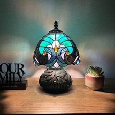 Tiffany Style Mini Table Lamp Green Brown Stained Glass Led Bulb Included H12  