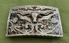 Vintage Old Mexico GC01 Sterling Silver Abalone Inlay Longhorn Steer Belt Buckle