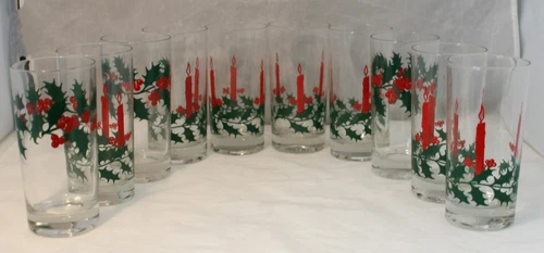 Vintage 1960s Christmas Tumblers Glasses Green Holly & Red Candles Set of 10