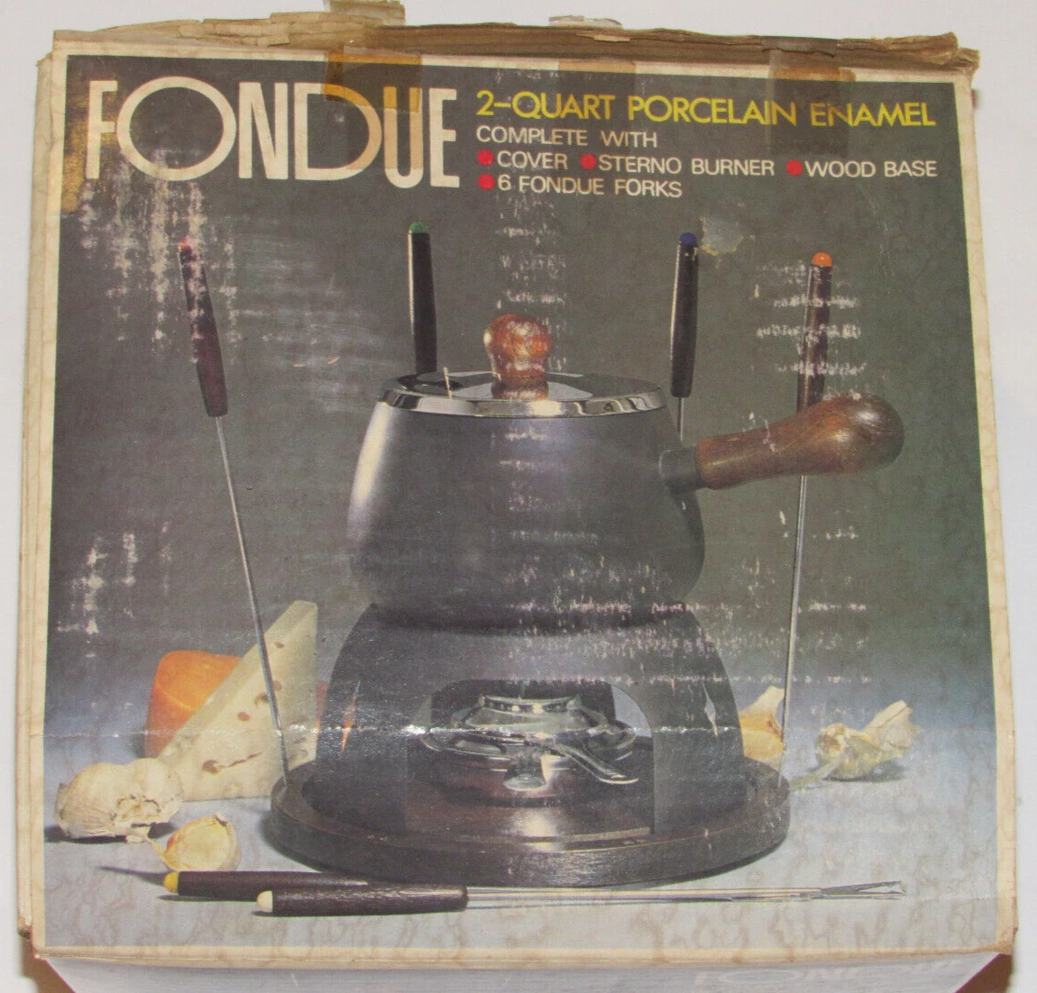 VTG UNUSED FONDUE SET! 2-QT PORCELAIN ENAMEL POT! COMPLETE! STAND/FORKS/++ JAPAN