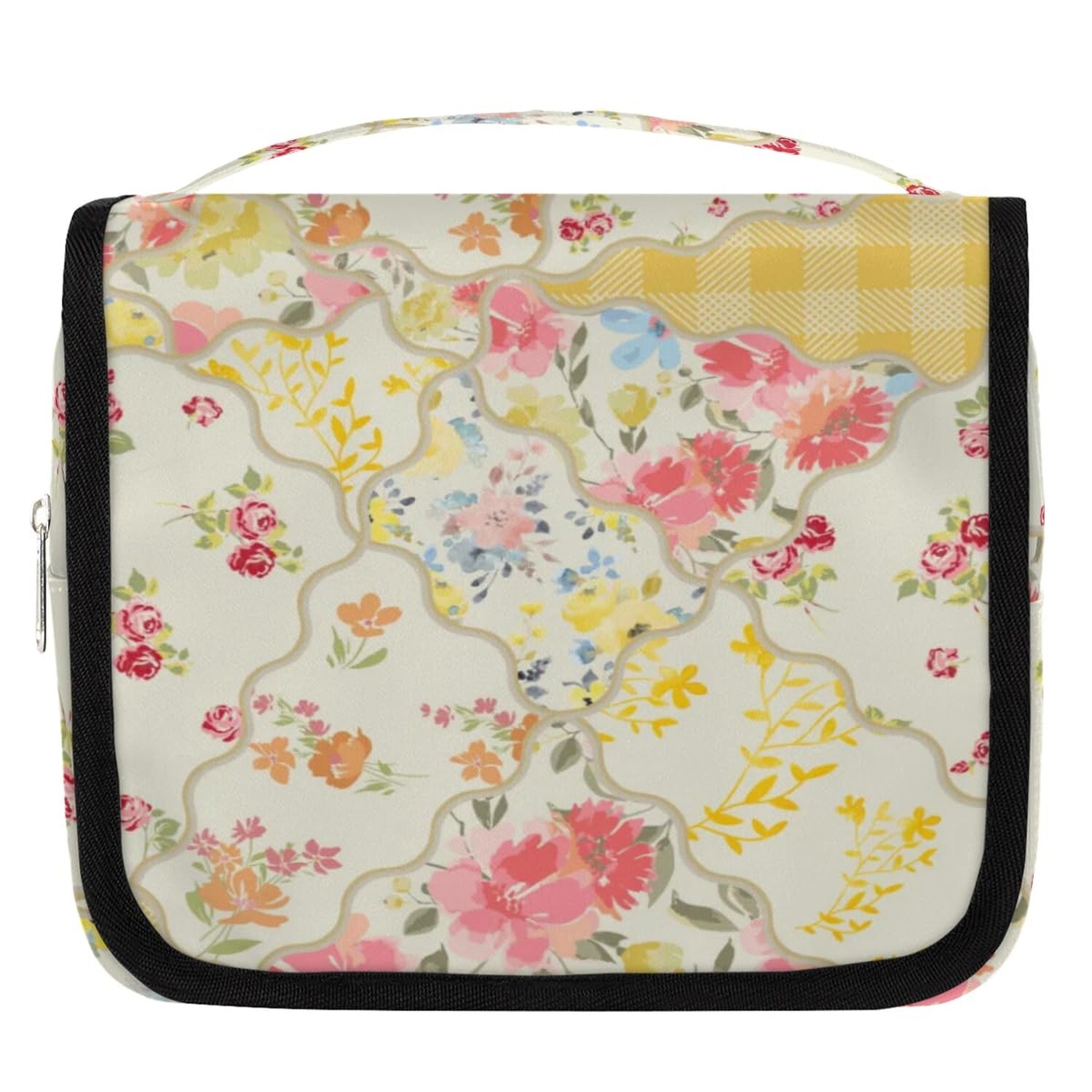 Yellow Floral Travel Toiletry Bag with Hanging Hook for Women Girls Rose Design
