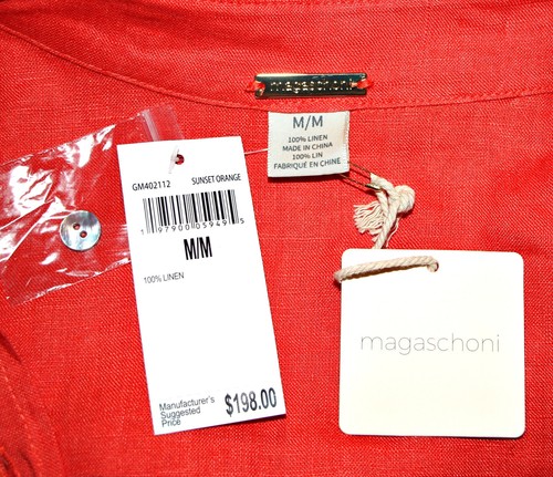 Magaschoni Linen Roll Sleeve Pockets Belted 41"Long Shirt Dress Sunset Orange M - Picture 15 of 17
