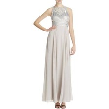 JS COLLECTIONS Silver Chiffon Embellished Bodice Formal Gown 12 NEW 380