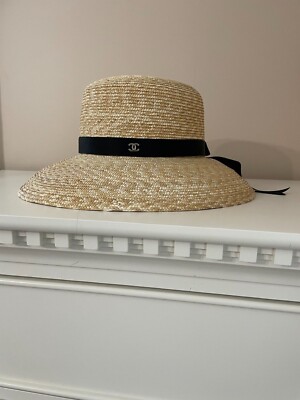 New Auth. Chanel Beige Black Ribbon CC Logo Hat M | eBay