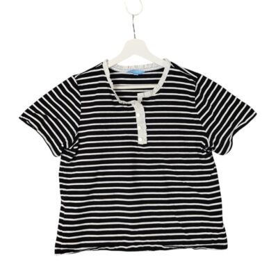 Draper James RSVP Black White Stripe Henley Top Gold Buttons Womens L Ruffles