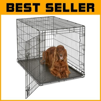 Folding 42-Inch Dog Crate with Leak-Proof Plastic Pan