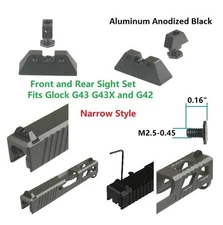 Aluminum Black Narrow Style Front And Rear Sight Fits Glock G43 G43X And G42