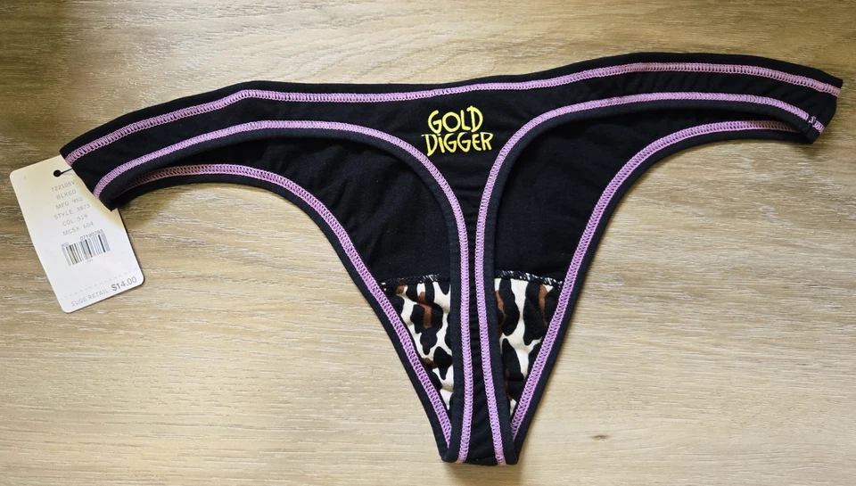 Calcinha tanga cintura baixa vintage Betsey Johnson algodão dourado gráficos escavadeira nova com etiquetas P - Imagem 2 de 3