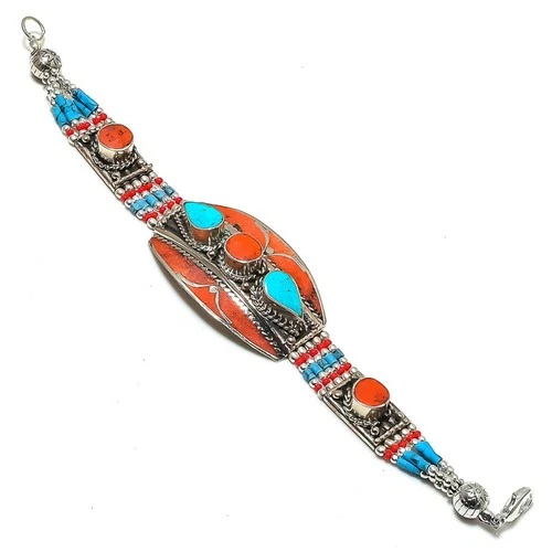 Red Coral Turquoise Bracelet Tibetan Handmade Dainty Nepali Jewelry 7" NBB 3382