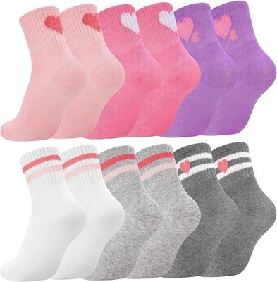 6 Pairs Kids Girls Pink White Crew Athletic Socks Age 3-12 Years | Heart Stripes