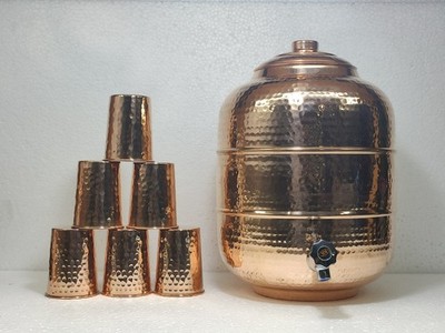 Pure Copper Water Pot Dispenser (Matka/Pot) Container Pot with 6 Glass