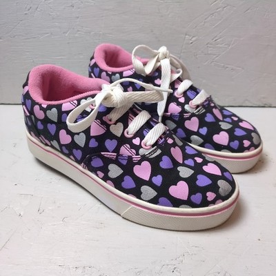 Heelys Girls Sz 3 Launch Black/Pink Multi Hearts Skate Shoes