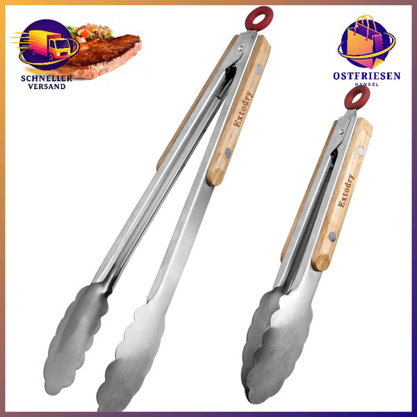 KüChenzange Edelstahl Holzgriffe HitzebestäNdig Grillzange FüR Fleisch Spaghetti-image