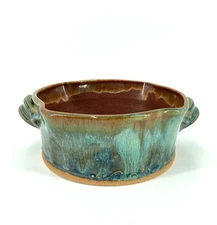 Handmade Stoneware Pottery Brie Baker Artist Signed Dish Bowl Green Brown NEW