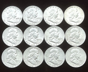 BEN FRANKLIN HALF DOLLARS~90% SILVER~1961-62-63-P~LOT of 12~ABOUT-CIRCULATED~👀!
