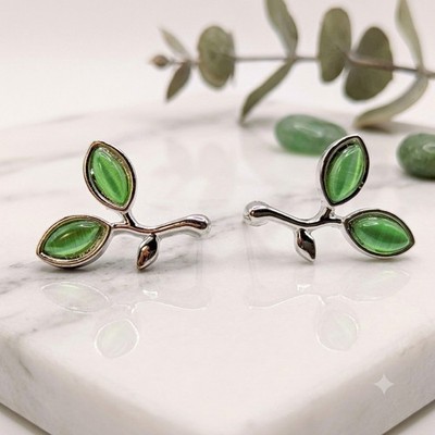 Silver Tone Green Branch Stud Earrings - Nature Leaf Design with Green Cat's Eye