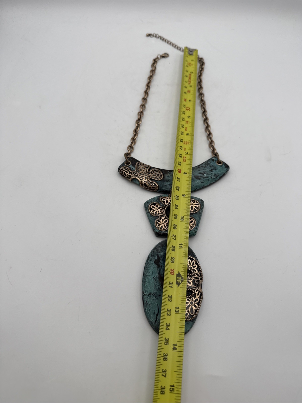 Large Statement Necklace Rhinestone Distressed Gr… - image 9